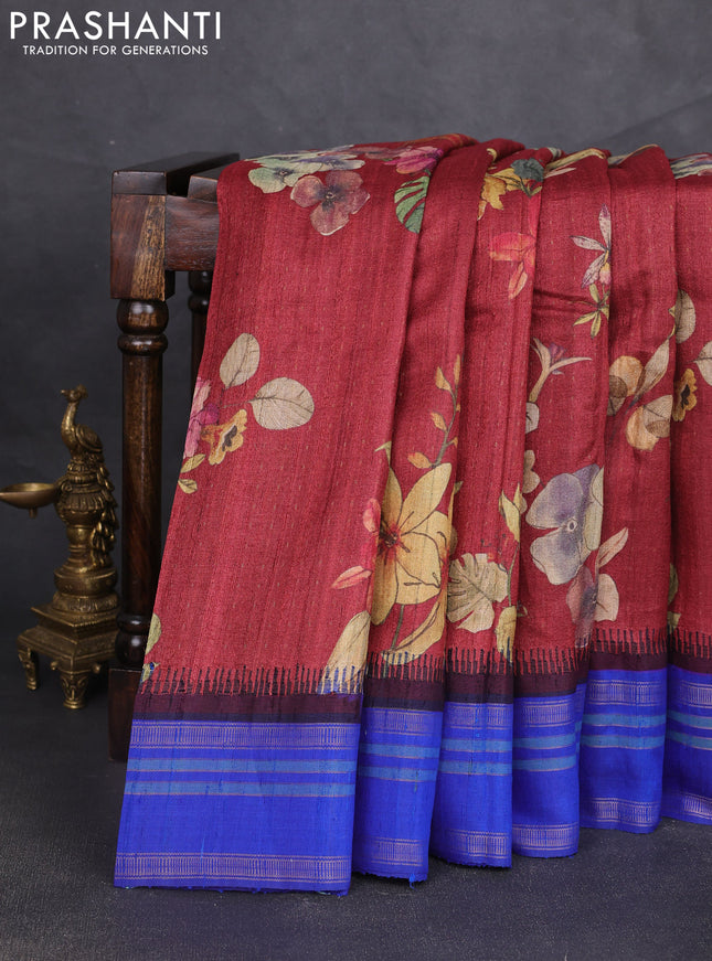 Pure tussar silk saree maroon and royal blue with allover floral prints and temple design rettatpet zari woven border