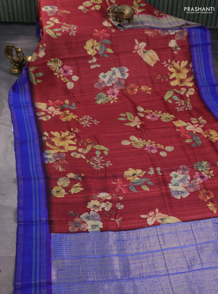 Pure tussar silk saree maroon and royal blue with allover floral prints and temple design rettatpet zari woven border