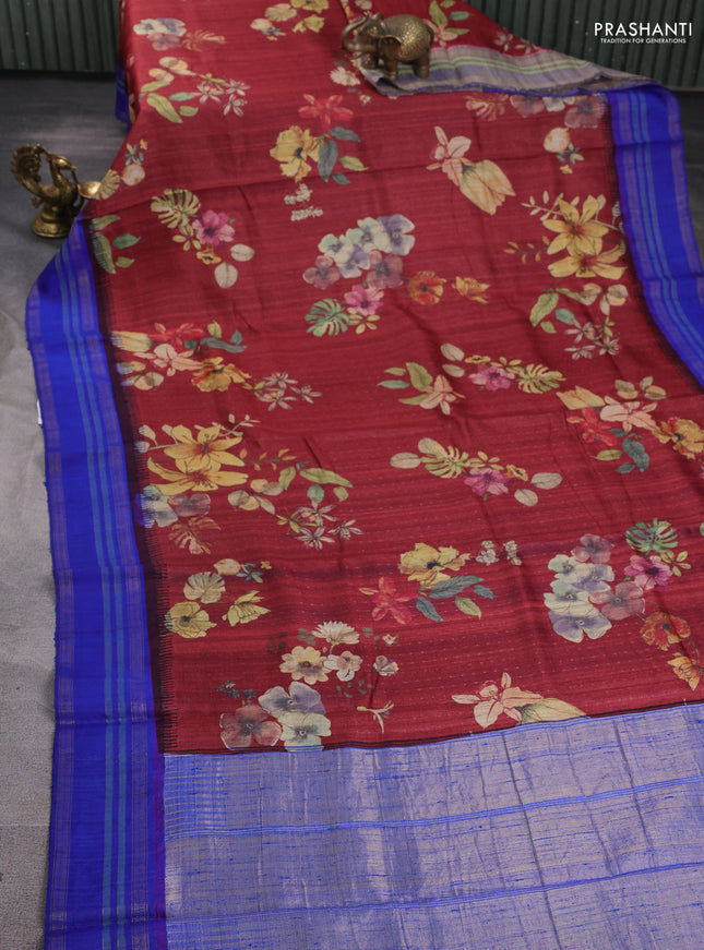 Pure tussar silk saree maroon and royal blue with allover floral prints and temple design rettatpet zari woven border