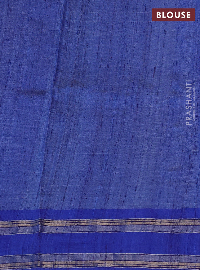 Pure tussar silk saree beige and royal blue with allover kalamkari hand painted prints and temple design rettatpet zari woven border