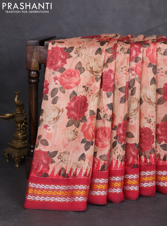 Pure tussar silk saree peach shade and maroon with allover floral prints and temple design virdharbha border