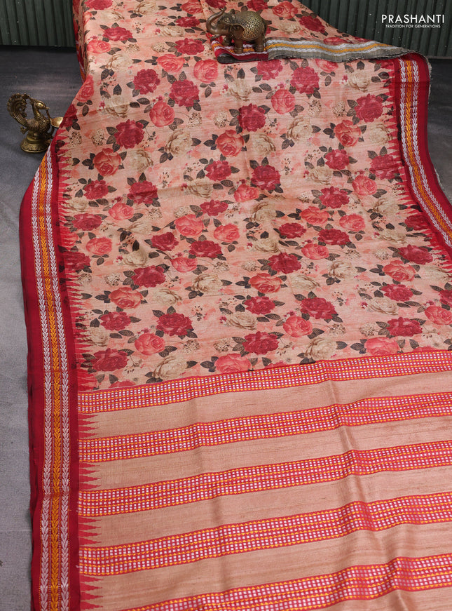 Pure tussar silk saree peach shade and maroon with allover floral prints and temple design virdharbha border