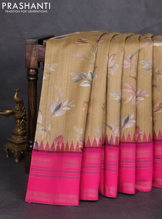 Pure tussar silk saree dark sandal and pink with allover floral prints and temple design rettapet zari woven border