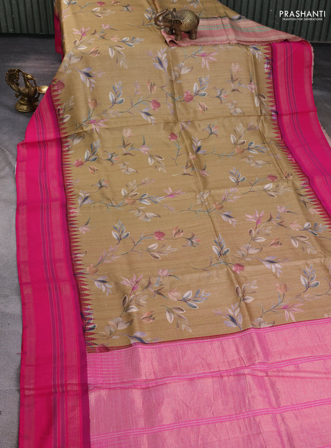 Pure tussar silk saree dark sandal and pink with allover floral prints and temple design rettapet zari woven border