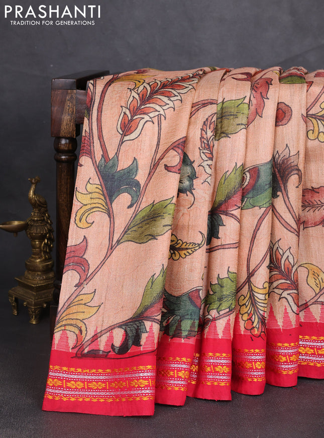Pure tussar silk saree peach orange and reddish pink with allover kalamkari prints and temple design virdharbha border