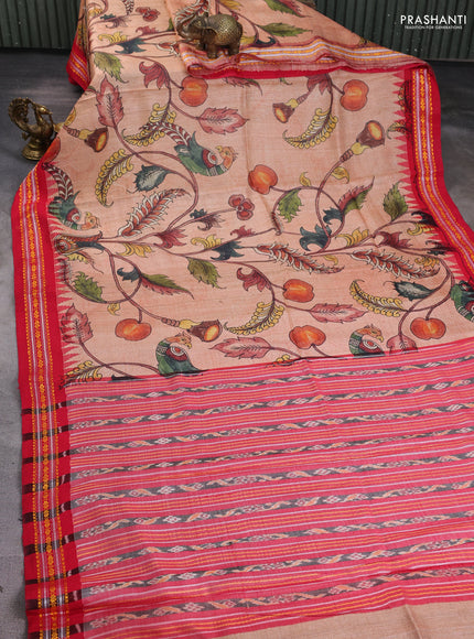 Pure tussar silk saree peach orange and reddish pink with allover kalamkari prints and temple design virdharbha border