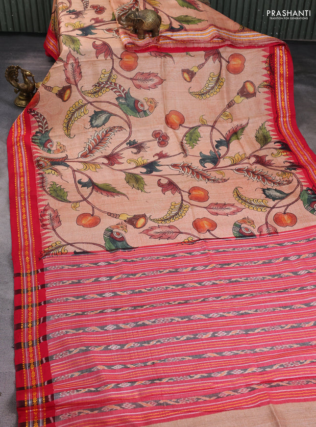 Pure tussar silk saree peach orange and reddish pink with allover kalamkari prints and temple design virdharbha border