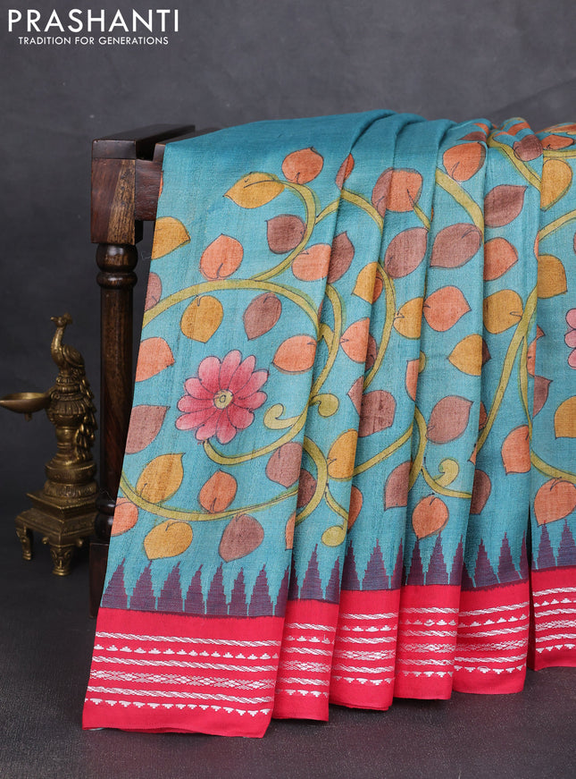 Pure tussar silk saree blue and red with allover kalamkari hand painted prints and temple design virdharbha border