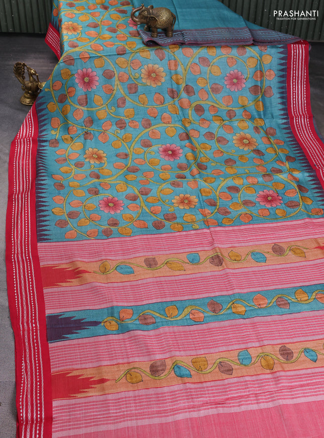 Pure tussar silk saree blue and red with allover kalamkari hand painted prints and temple design virdharbha border