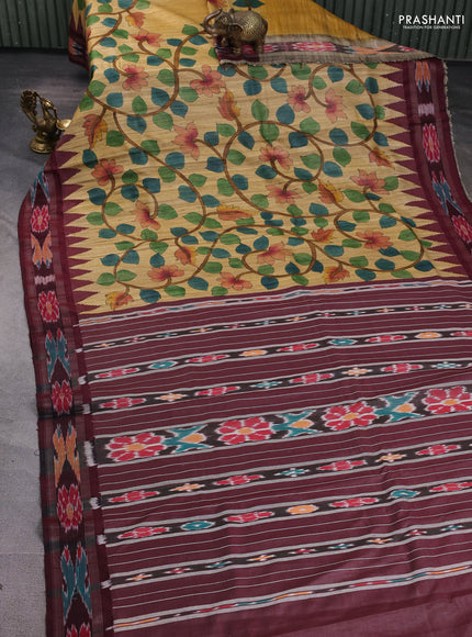 Pure tussar silk saree sandal and maroon with allover kalamkari hand painted prints and temple design zari woven ikat border
