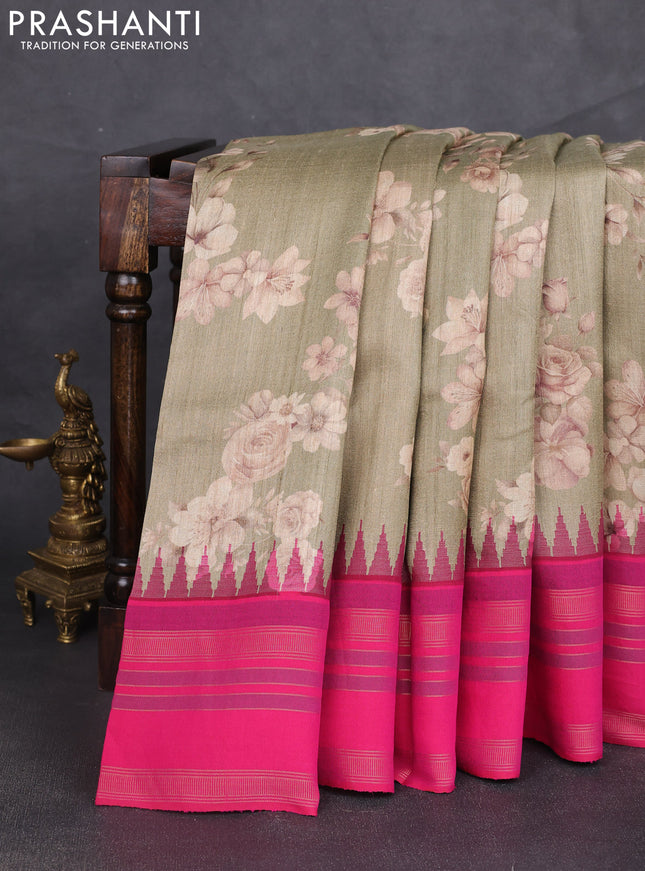 Pure tussar silk saree elaichi green and pink with allover floral prints and temple design rettapet zari woven border