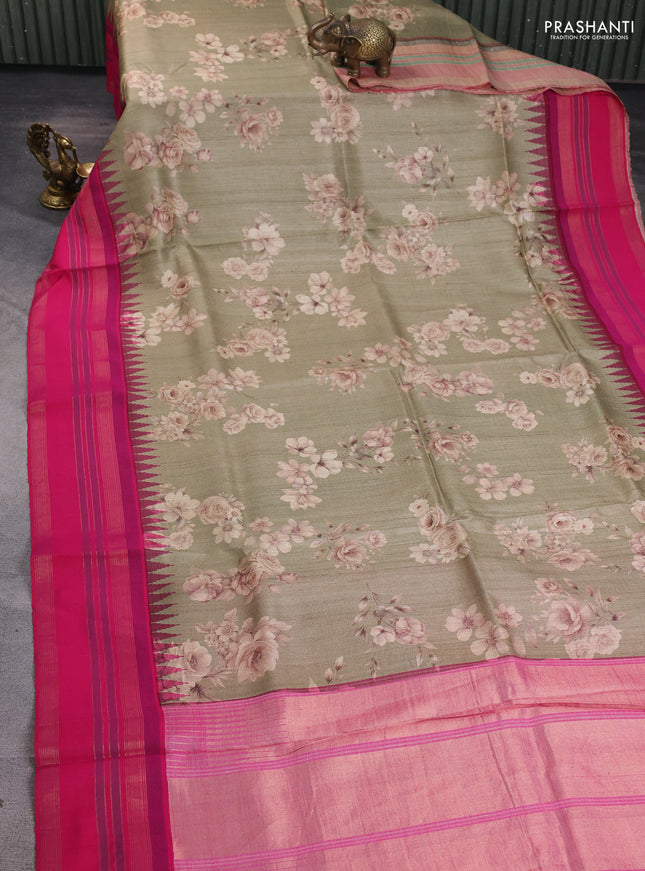 Pure tussar silk saree elaichi green and pink with allover floral prints and temple design rettapet zari woven border