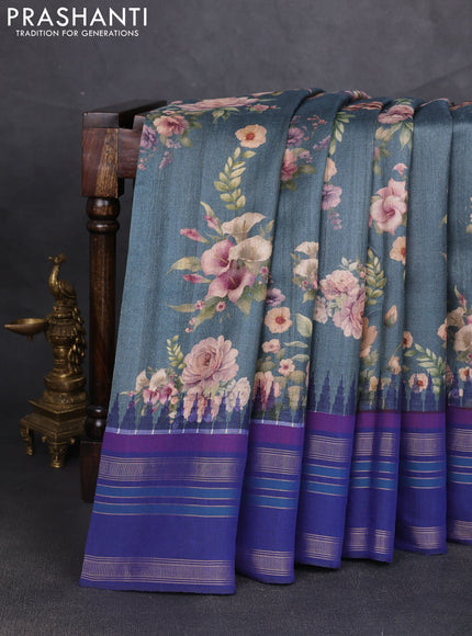 Pure tussar silk saree dark grey and blue with allover floral prints and temple design rettapet zari woven border