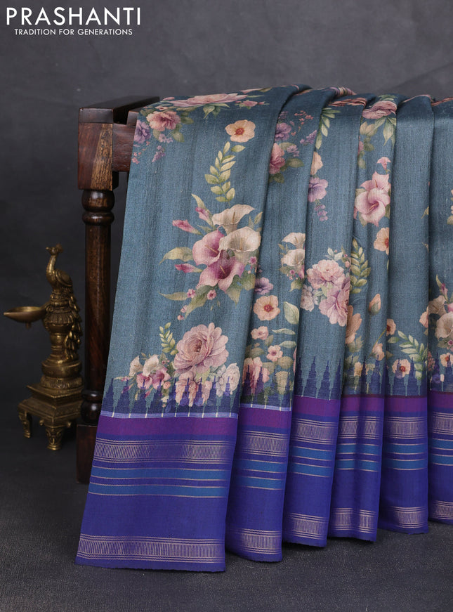 Pure tussar silk saree dark grey and blue with allover floral prints and temple design rettapet zari woven border