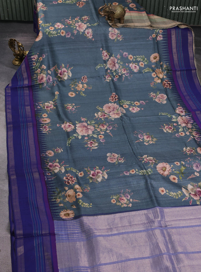 Pure tussar silk saree dark grey and blue with allover floral prints and temple design rettapet zari woven border