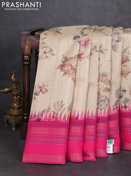 Pure tussar silk saree beige and pink with allover floral prints and temple design rettapet zari woven border
