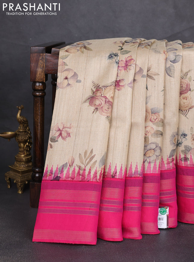 Pure tussar silk saree beige and pink with allover floral prints and temple design rettapet zari woven border