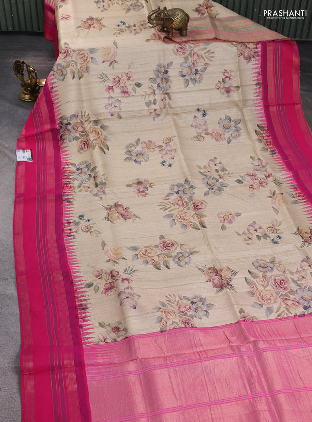 Pure tussar silk saree beige and pink with allover floral prints and temple design rettapet zari woven border