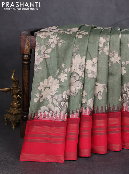 Pure tussar silk saree pastel green and red with allover floral prints and temple design rettapet zari woven border