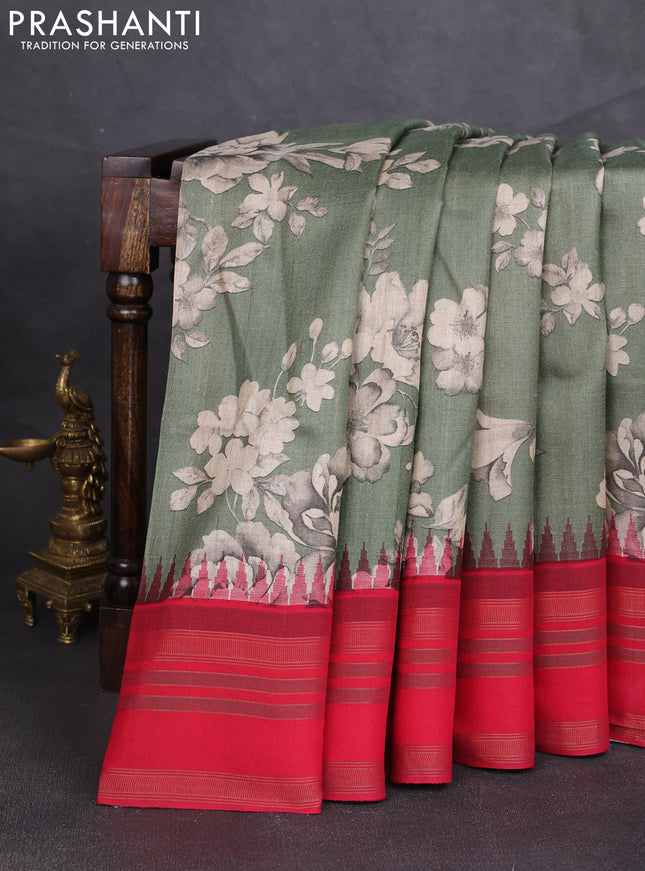 Pure tussar silk saree pastel green and red with allover floral prints and temple design rettapet zari woven border