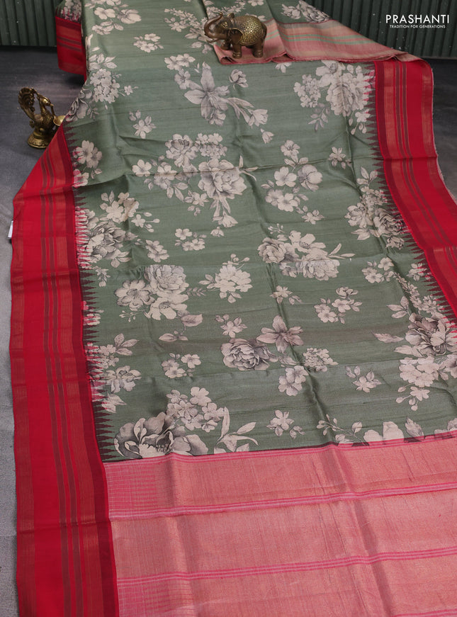 Pure tussar silk saree pastel green and red with allover floral prints and temple design rettapet zari woven border