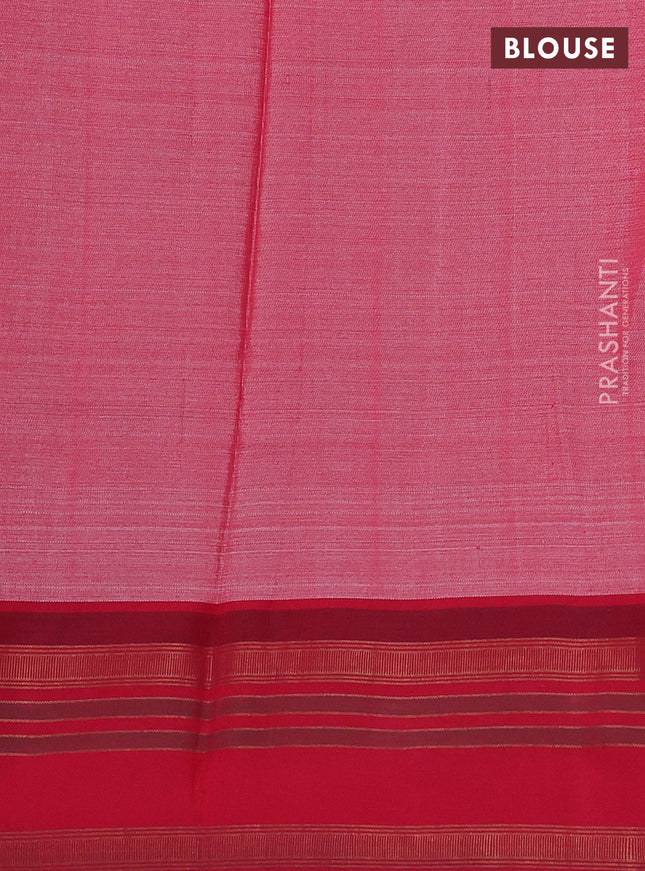 Pure tussar silk saree pastel green and red with allover floral prints and temple design rettapet zari woven border