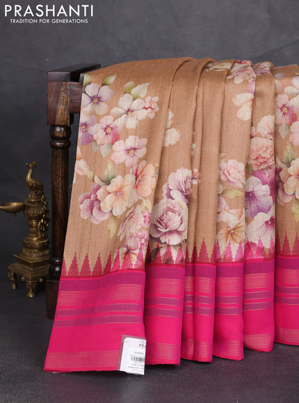 Pure tussar silk saree pastel brown and pink with allover floral prints and temple design rettapet zari woven border