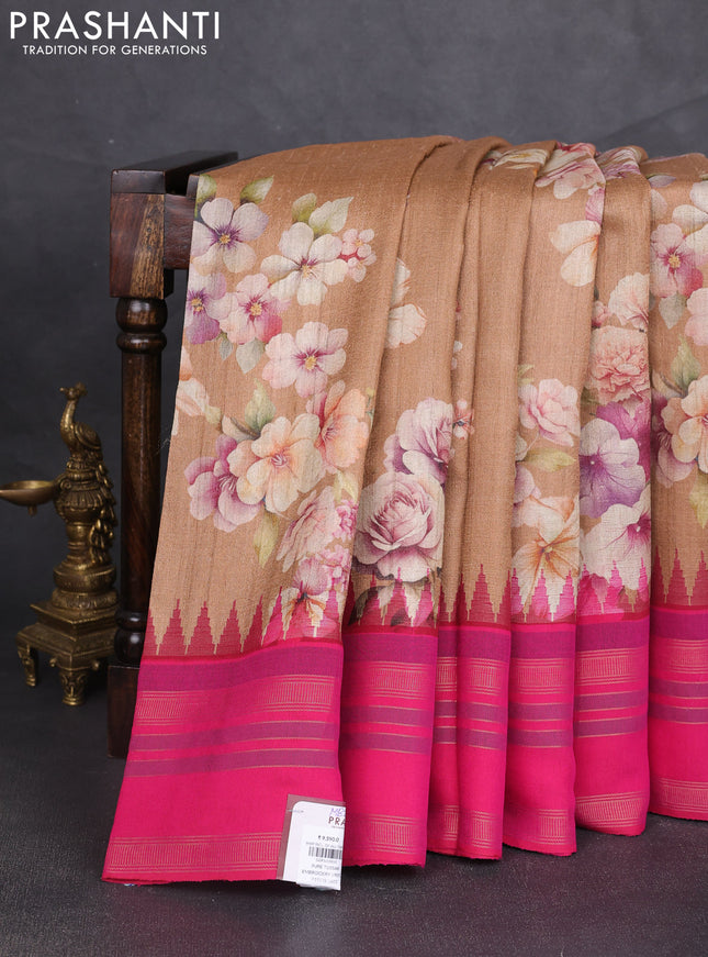 Pure tussar silk saree pastel brown and pink with allover floral prints and temple design rettapet zari woven border