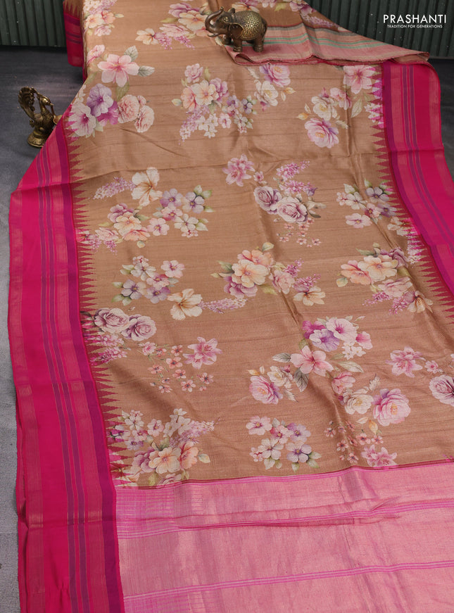 Pure tussar silk saree pastel brown and pink with allover floral prints and temple design rettapet zari woven border