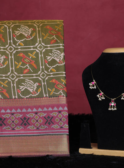 Mehendi green semi tussar saree with matching Neck piece