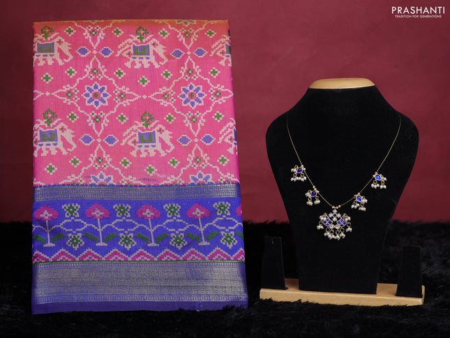 Pink and blue semi tussar saree with matching Neck piece