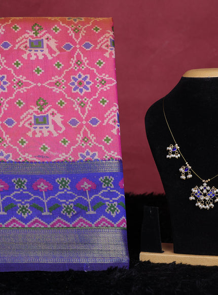 Pink and blue semi tussar saree with matching Neck piece