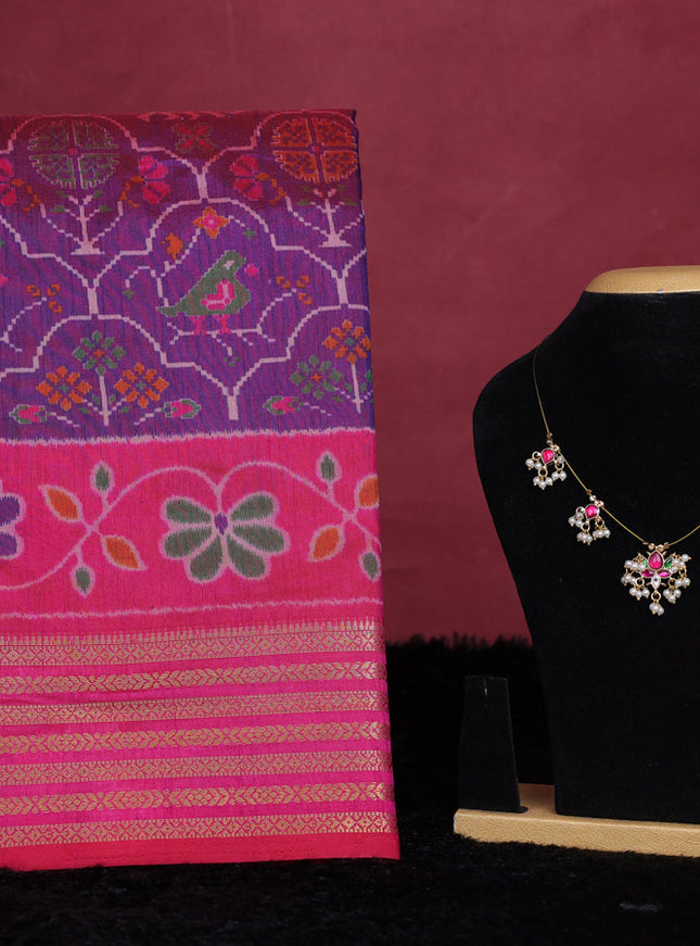 Purple semi tussar saree with matching Neck piece