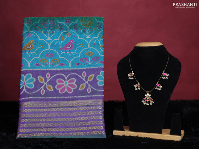 Teal green semi tussar saree with matching Neck piece