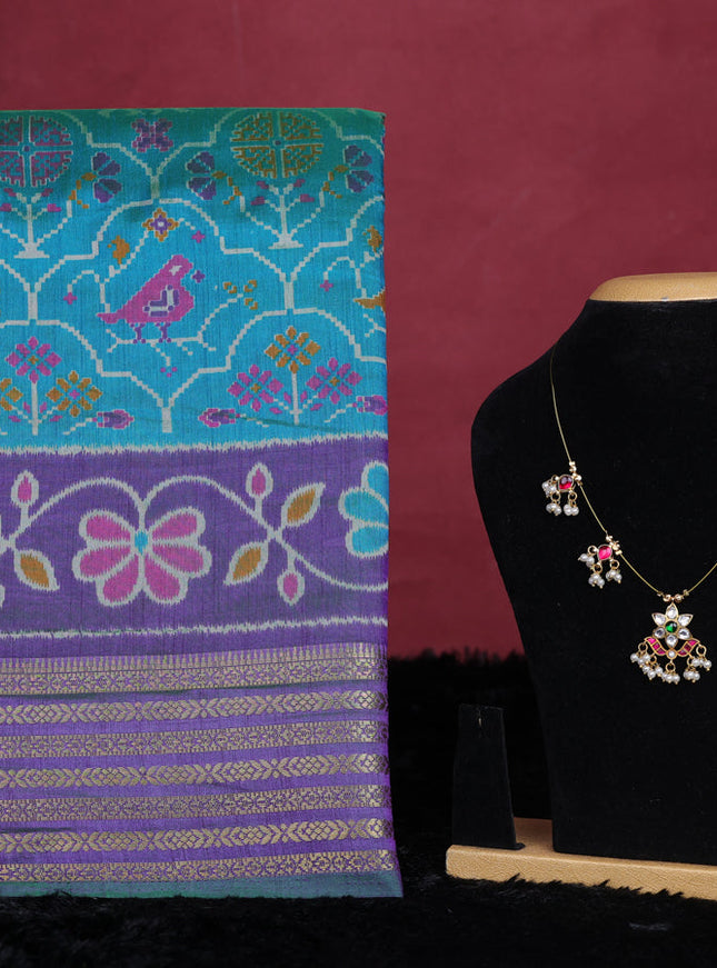 Teal green semi tussar saree with matching Neck piece
