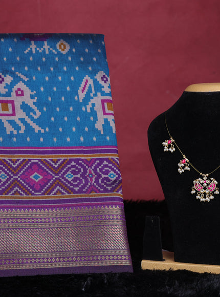Peacock blue semi tussar saree with matching Neck piece