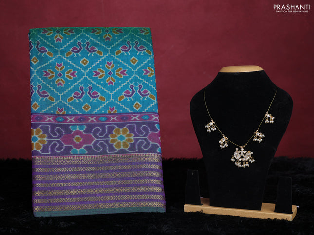 Teal green semi tussar saree with matching Neck piece