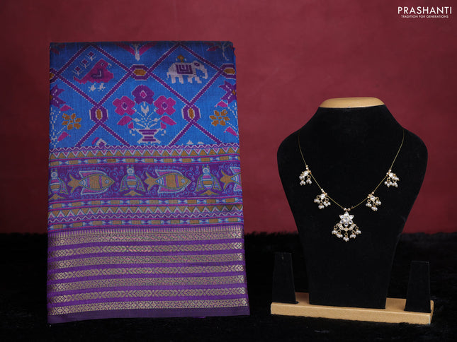 Peacock blue semi tussar saree with matching Neck piece