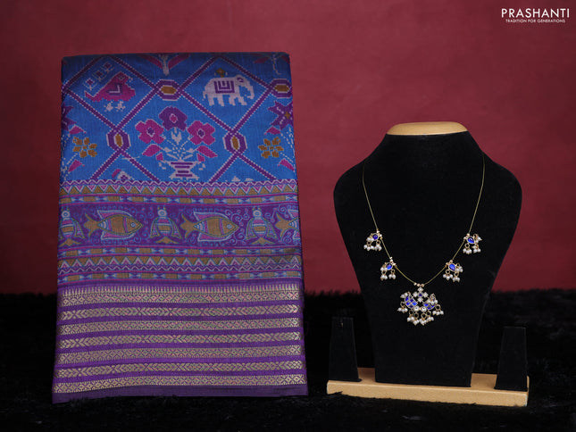 Peacock blue semi tussar saree with matching Neck piece