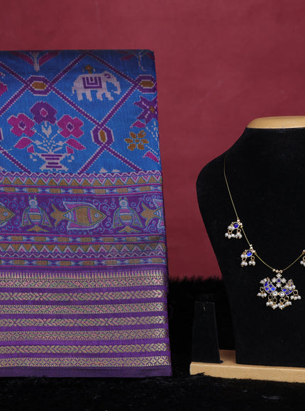 Peacock blue semi tussar saree with matching Neck piece