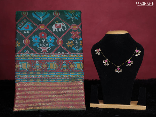 Bottle gree semi tussar saree with matching Neck piece
