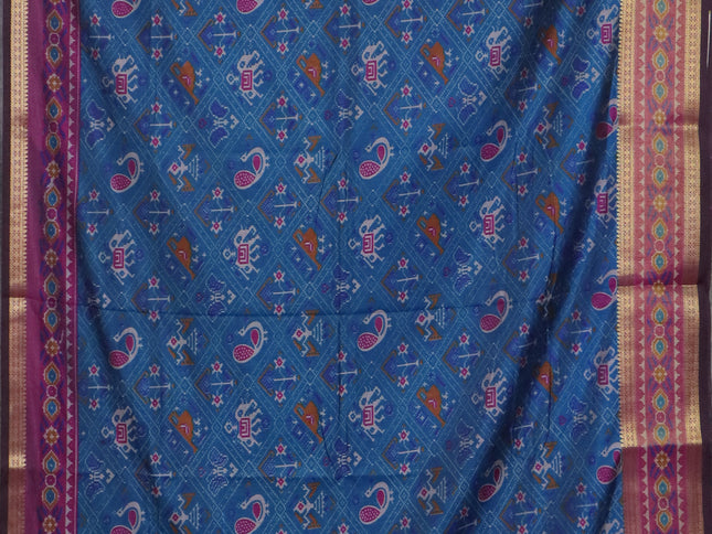 Peacock blue semi tussar saree with matching Neck piece