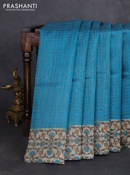 Art chanderi saree teal blue and beige with allover checked pattern and printed border