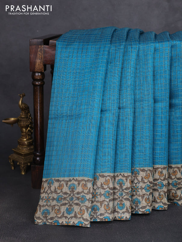Art chanderi saree teal blue and beige with allover checked pattern and printed border
