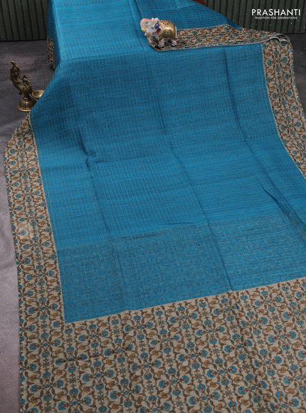 Art chanderi saree teal blue and beige with allover checked pattern and printed border