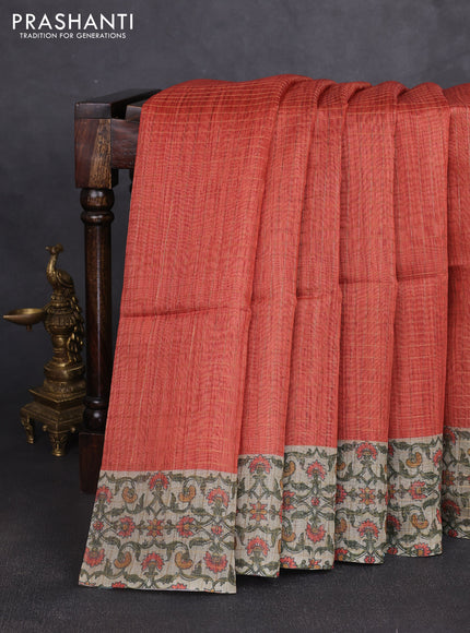 Art chanderi saree rustic orange and beige with allover checked pattern and printed border