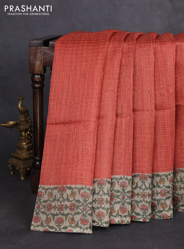 Art chanderi saree rustic orange and beige with allover checked pattern and printed border