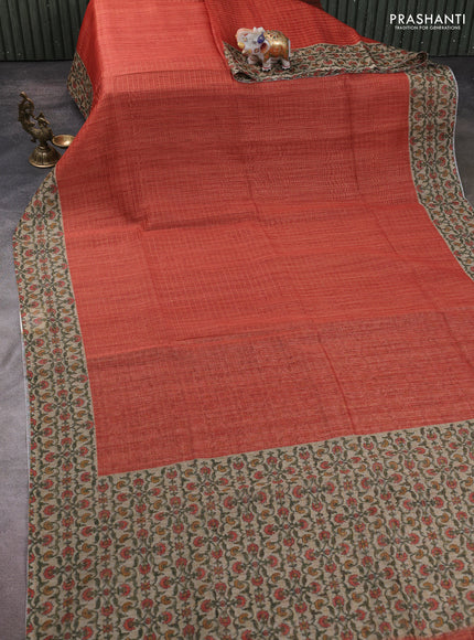 Art chanderi saree rustic orange and beige with allover checked pattern and printed border