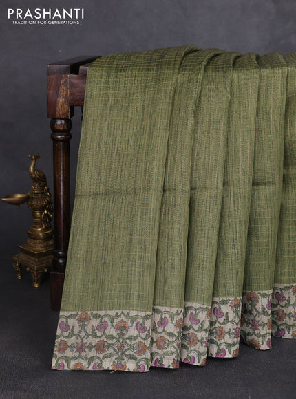 Art chanderi saree sap green and beige with allover checked pattern and printed border