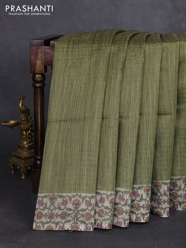 Art chanderi saree sap green and beige with allover checked pattern and printed border